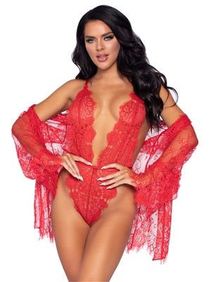 Sexy Lace Teddy And Robe 3 PC Set
