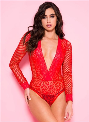 Lace Long Sleeve Teddy With Fishnet Back